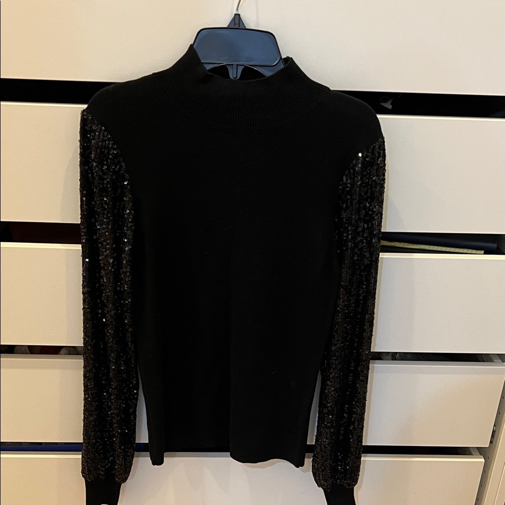 Tahari Black Sweater with Sequin Sleeves